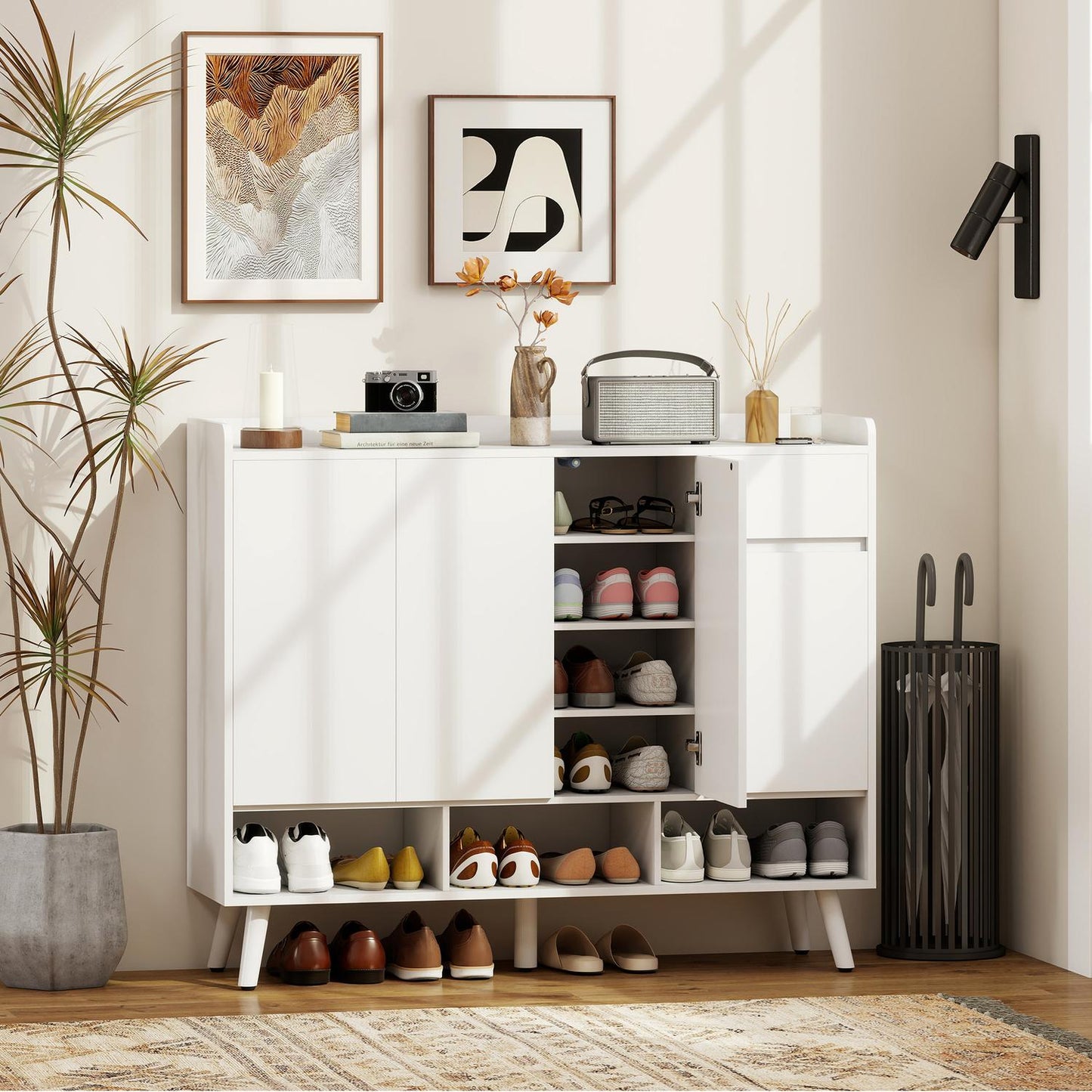 Freestanding Shoe Cabinet, Handleless, 4 Doors, Adjustable Shelves