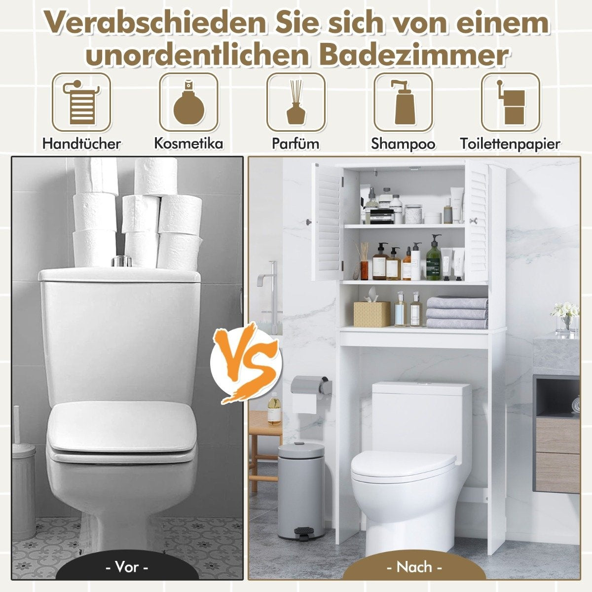 Freestanding Toilet Shelf with Double Door & Adjustable Shelves Bathroom Shelf White