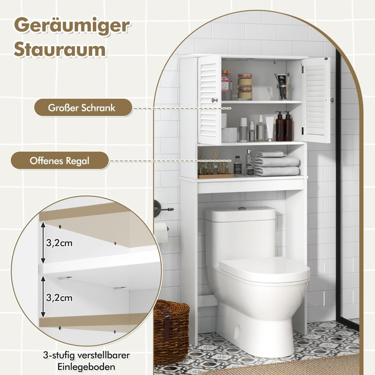 Freestanding Toilet Shelf with Double Door & Adjustable Shelves Bathroom Shelf White