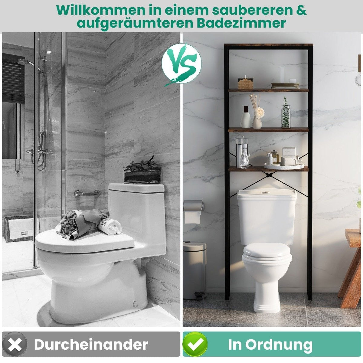Freestanding Toilet Shelf with Metal Frame & Anti-tip 4 Tier Bathroom Shelf