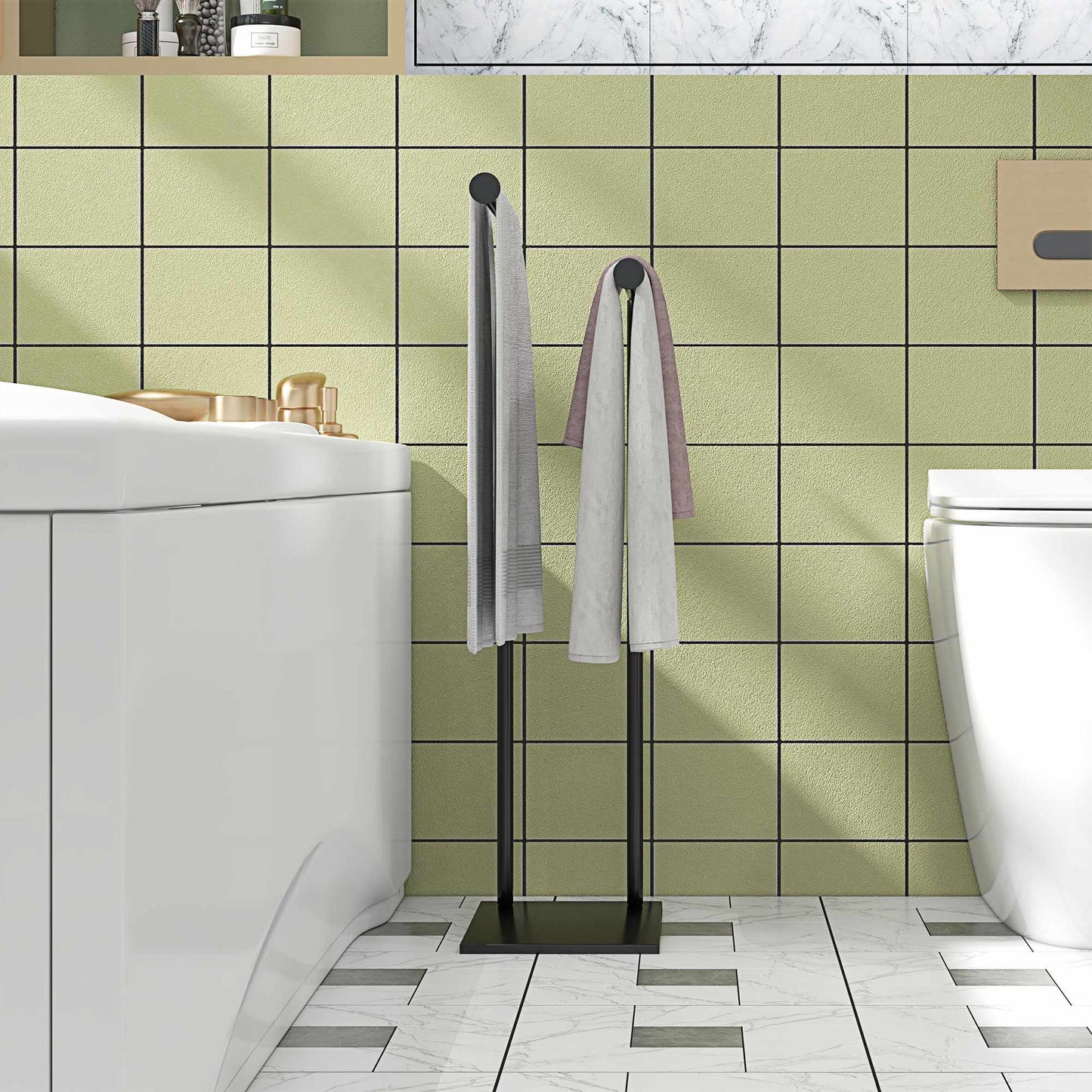 Freestanding Towel Rack with 2 Bars, Black Metal 35.5x20x78 cm