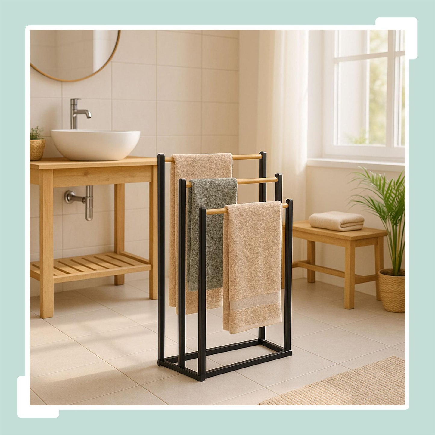 Freestanding Towel Rack with 3 Bamboo Rods