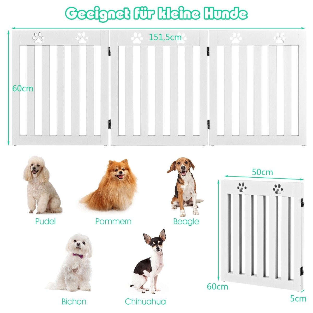 Freestanding Wooden Pet Gate Folding Dog Gate 3 Panels 151.5 x 60 x 1.5 cm White