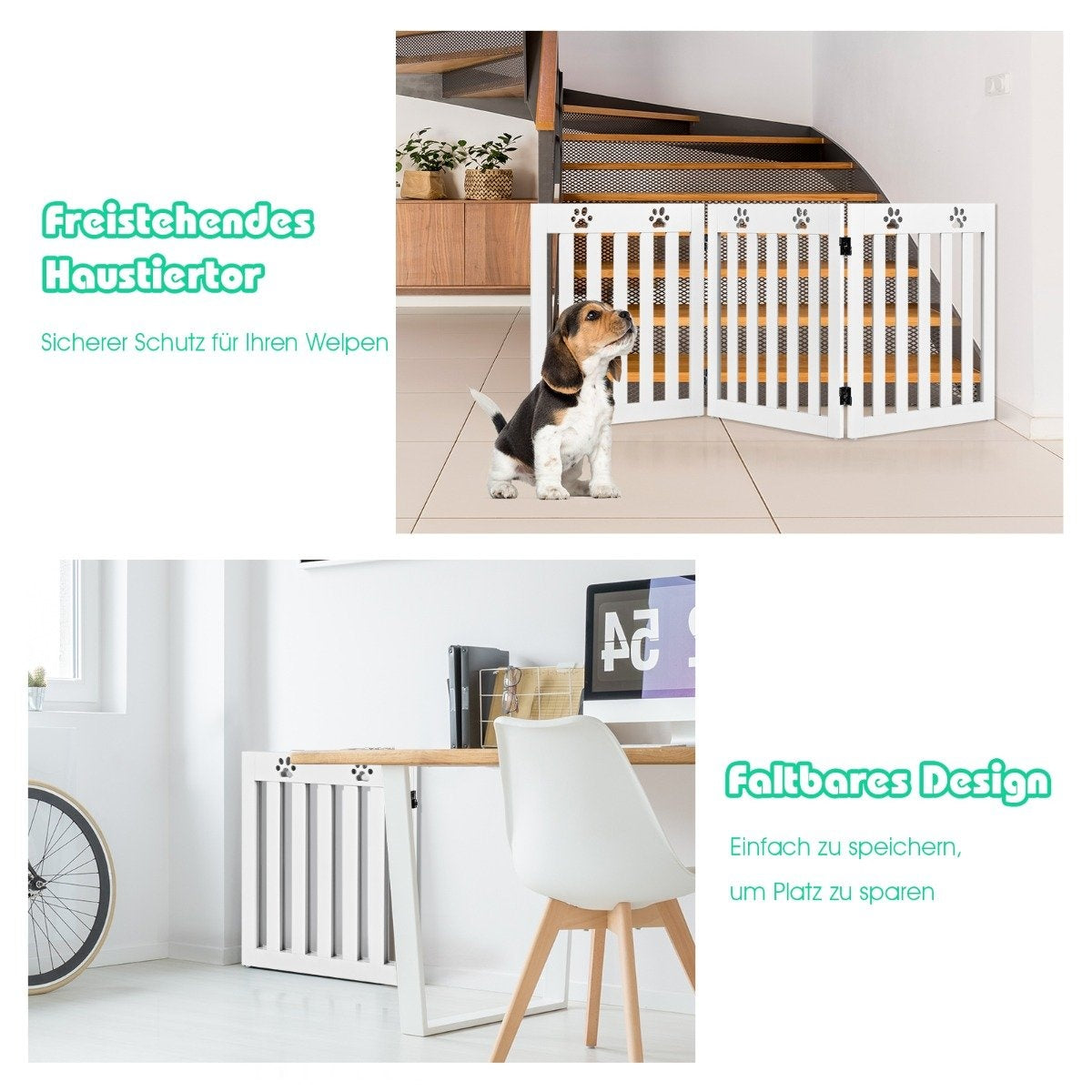 Freestanding Wooden Pet Gate Folding Dog Gate 3 Panels 151.5 x 60 x 1.5 cm White