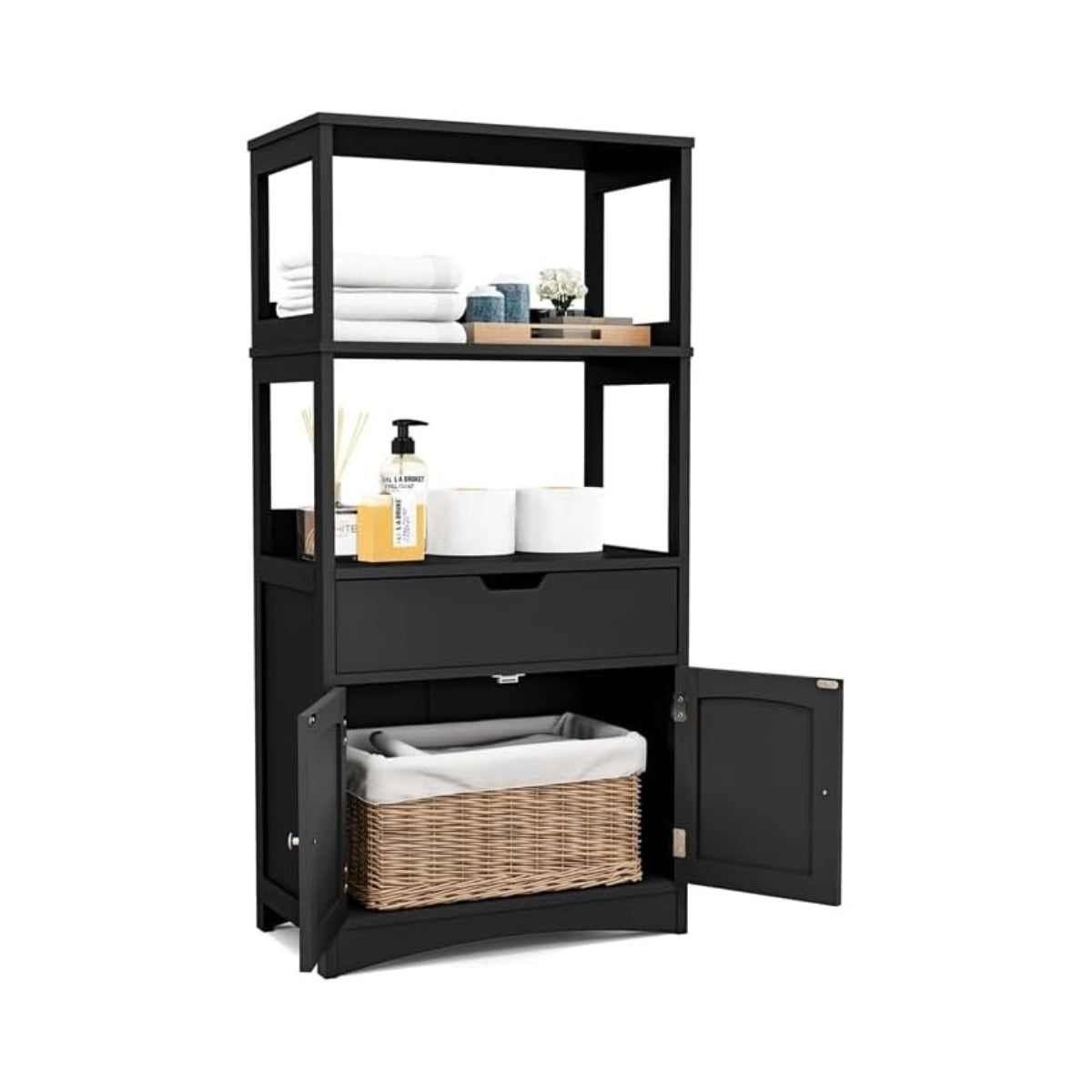 Freestanding bathroom cabinet with 2 doors & 3 open shelves & drawer tall cabinet black