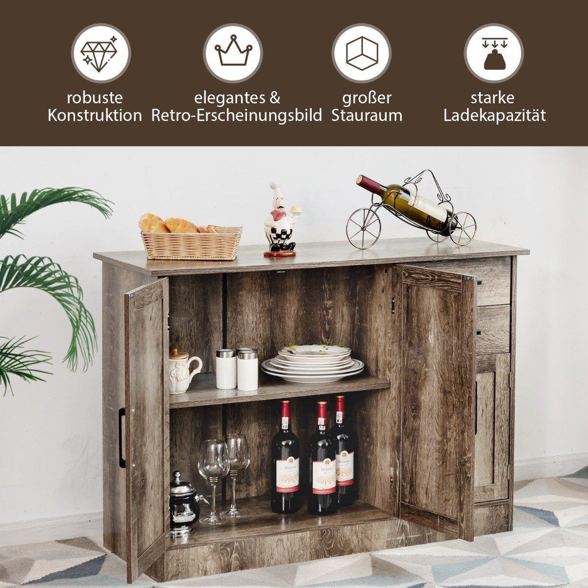 Freestanding buffet cabinet with 2 drawers, 3 doors and 1 adjustable shelf gray
