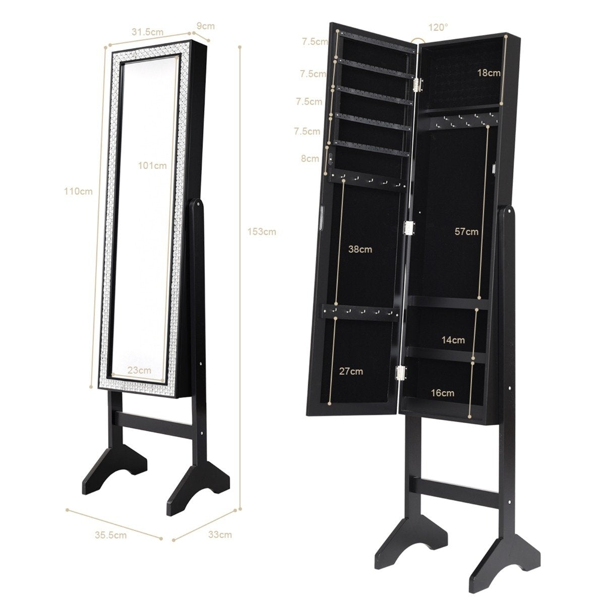 Freestanding jewelry cabinet with full-length mirror jewelry shelf 35.5 × 33 × 153 cm black
