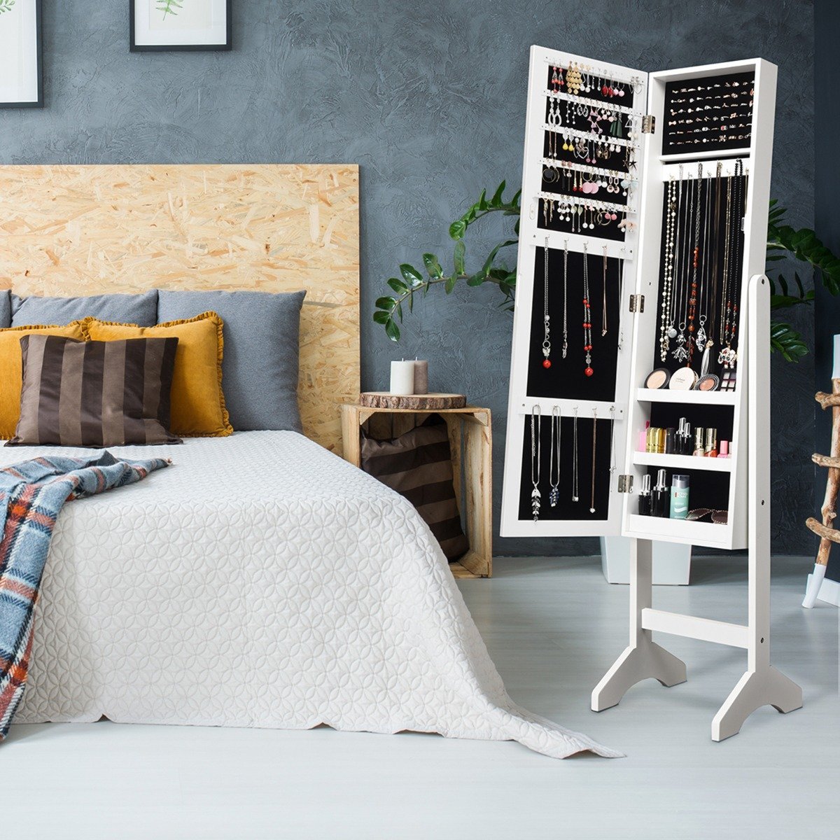 Freestanding jewelry cabinet with mirror adjustable jewelry shelf 35.5 × 33 x 153 cm white