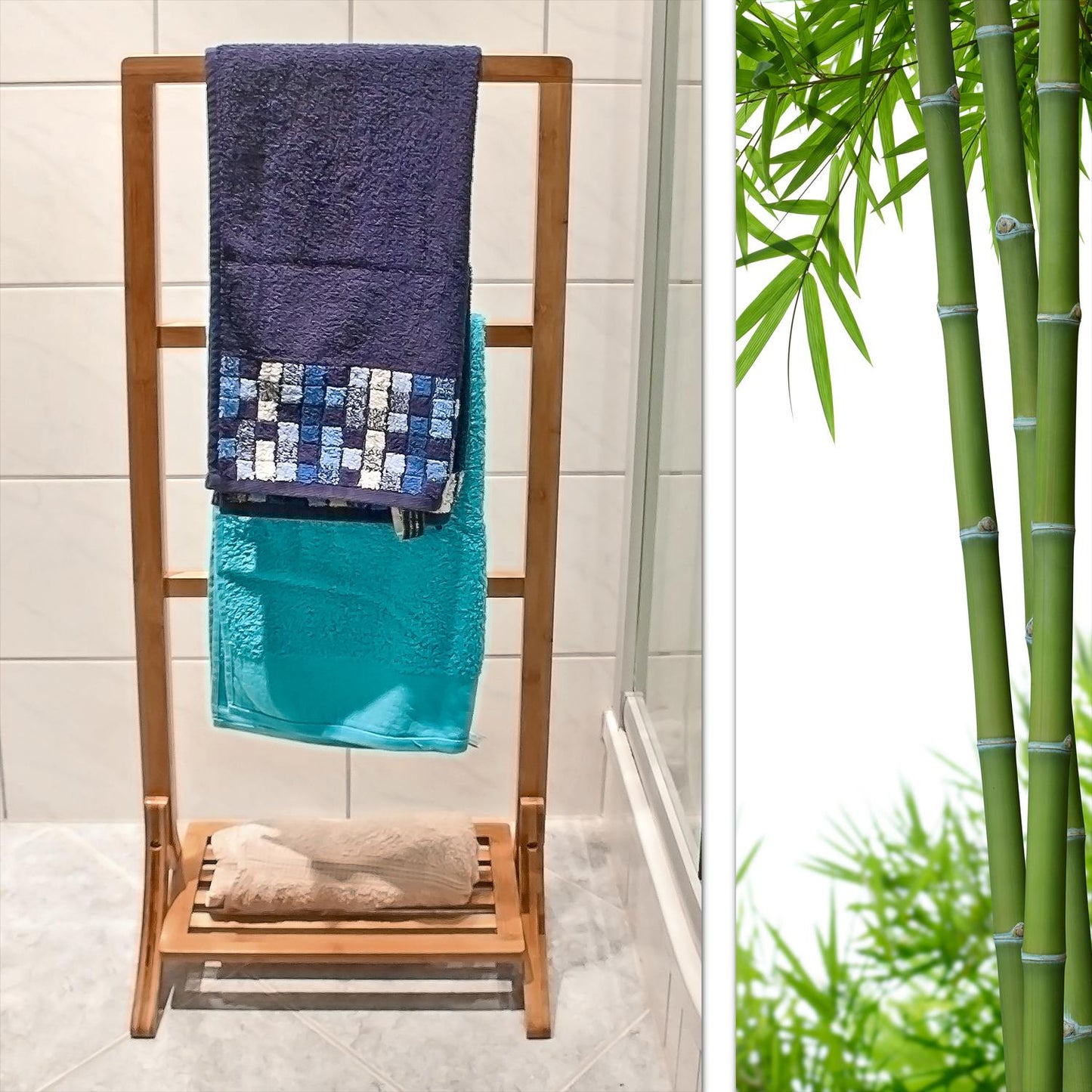Freestanding towel rack in bamboo