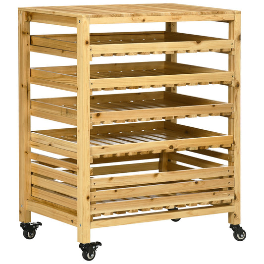 Fruit and vegetable storage trolley with wheels, 5 shelves, spruce wood