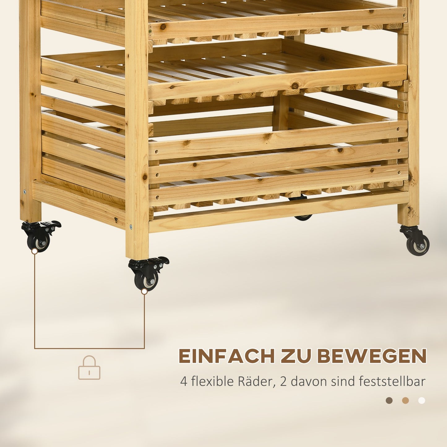 Fruit and vegetable storage trolley with wheels, 5 shelves, spruce wood