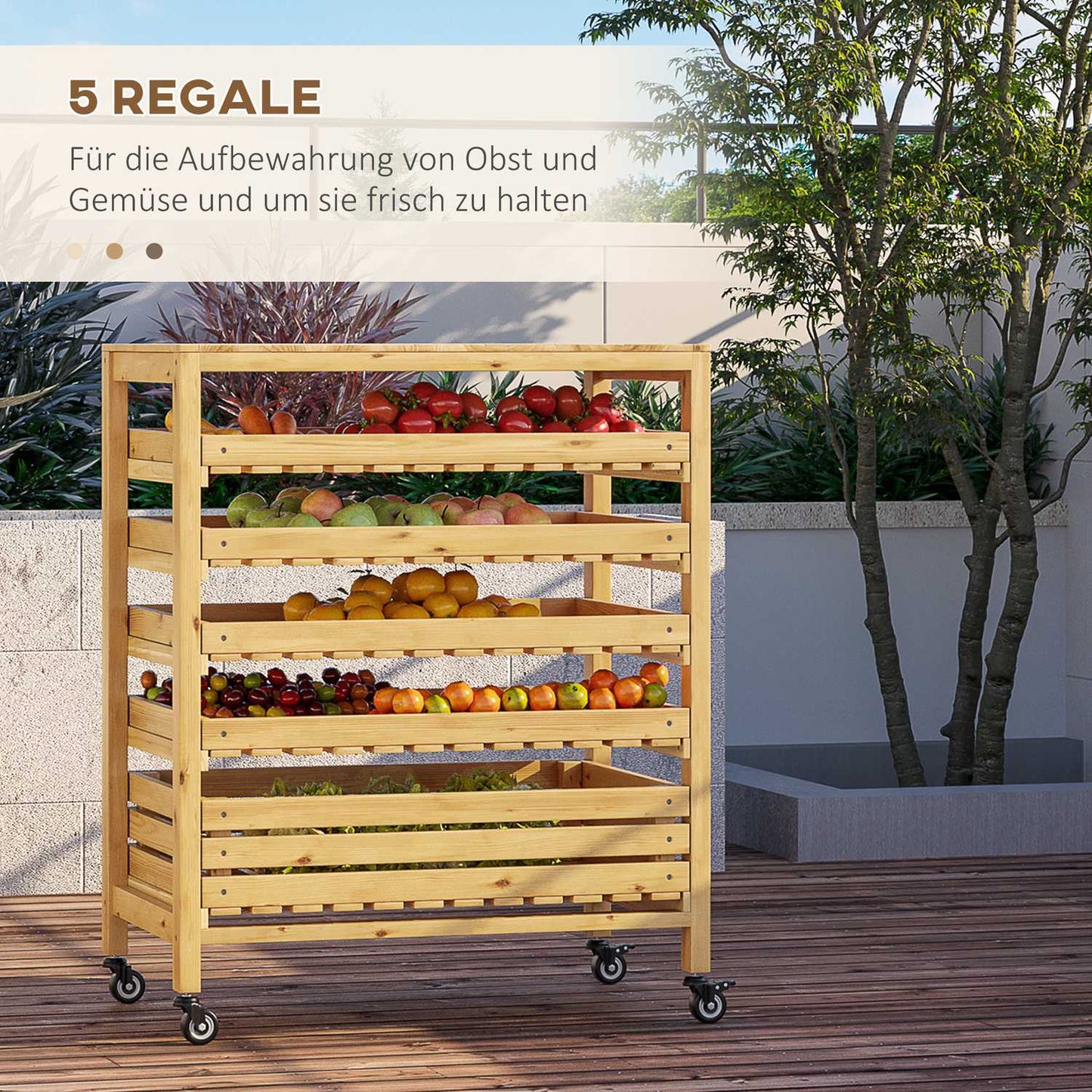 Fruit and vegetable storage trolley with wheels, 5 shelves, spruce wood