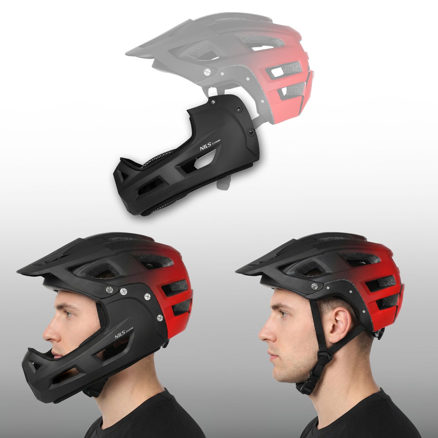Full-Face Helmet, Size M 56-58 cm, Detachable Chin Guard, Red