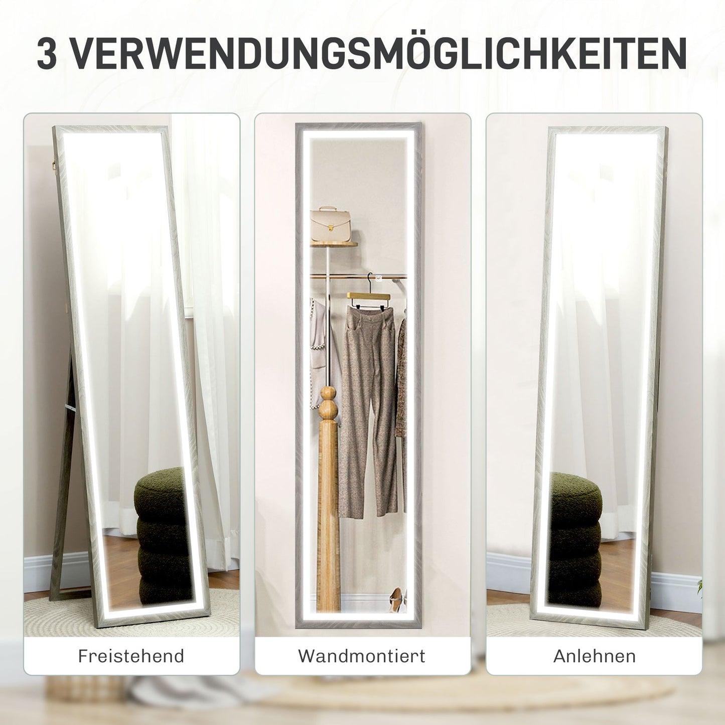 Full-Length LED Mirror, 40x160 cm, Touch Control, Dimmable