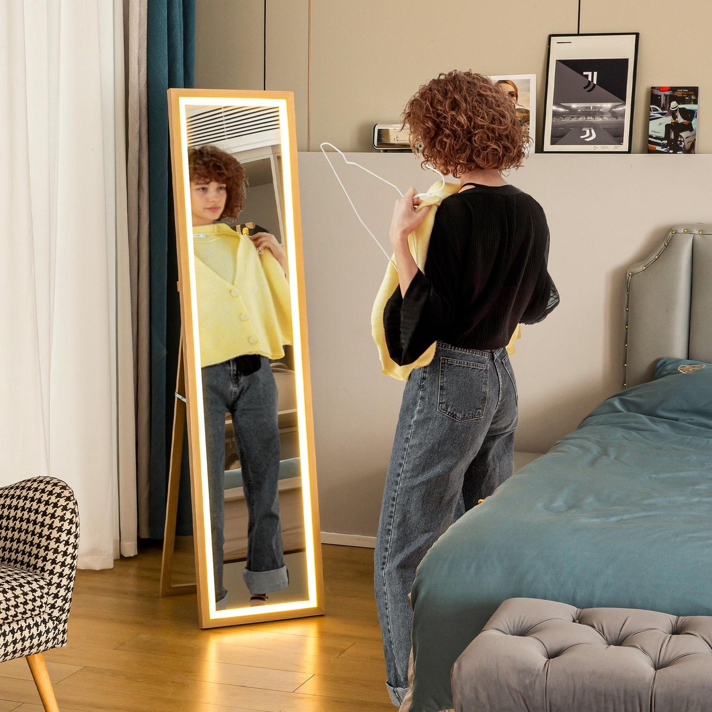 Full-Length LED Mirror, 40x160 cm, Touch Control, Oak
