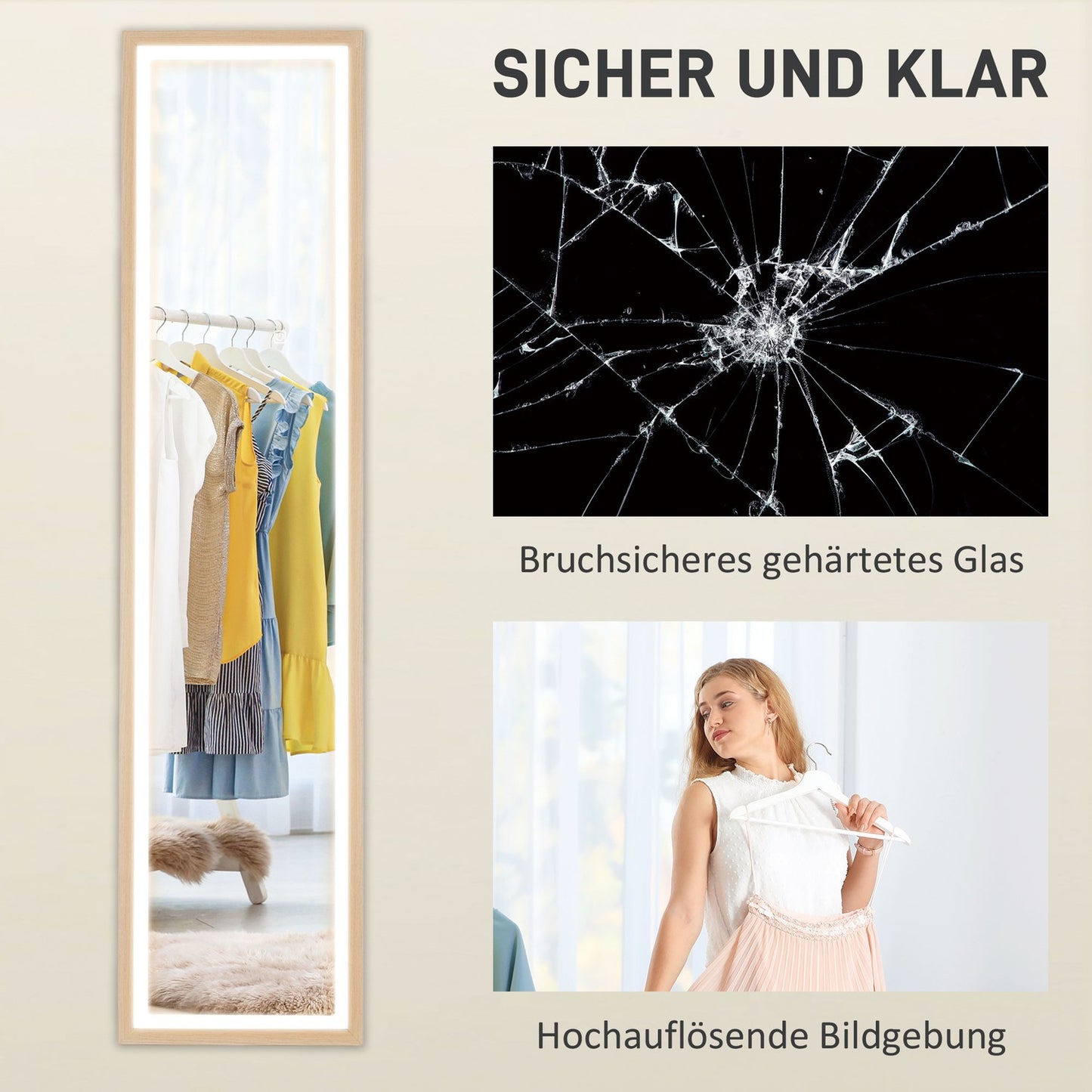 Full-Length LED Mirror, 40x160 cm, Touch Control, Oak