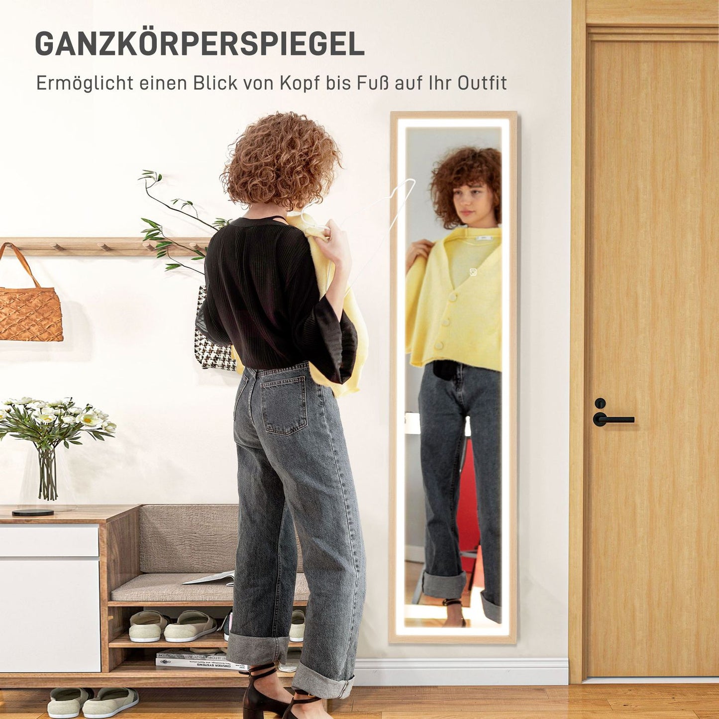 Full-Length LED Mirror, 40x160 cm, Touch Control, Oak
