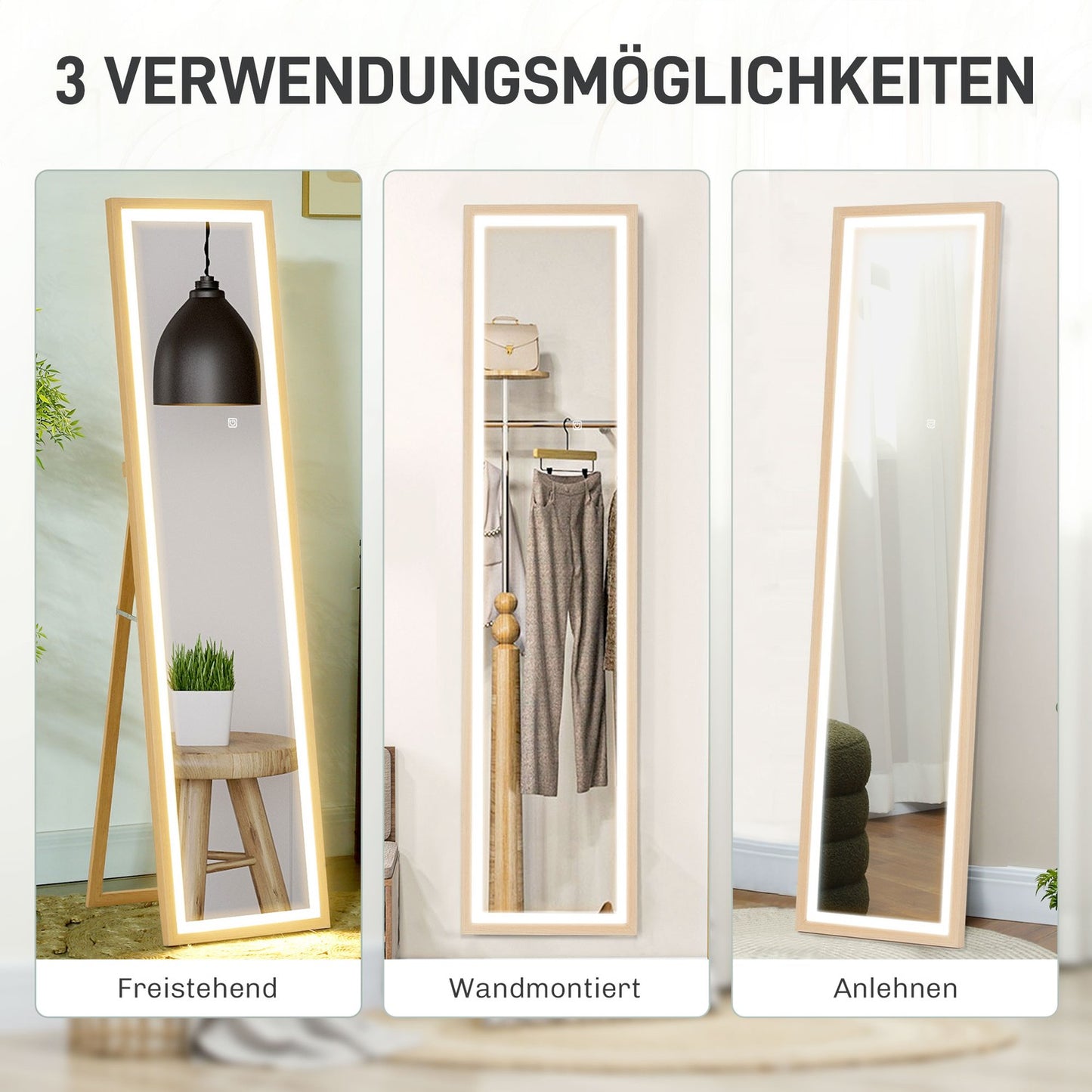 Full-Length LED Mirror, 40x160 cm, Touch Control, Oak