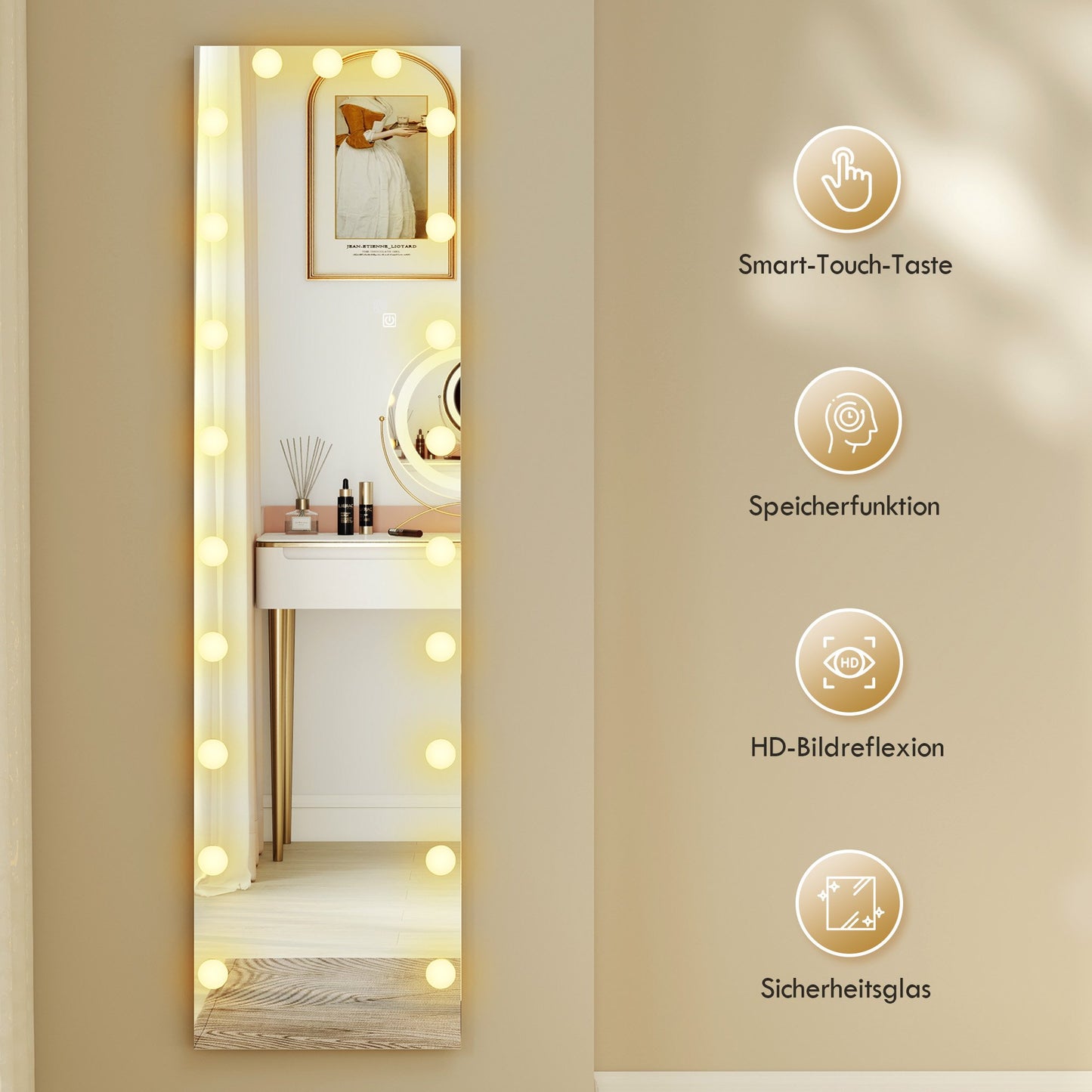Full-Length Mirror 150x40 cm, RGB LED, Touch Control, Memory