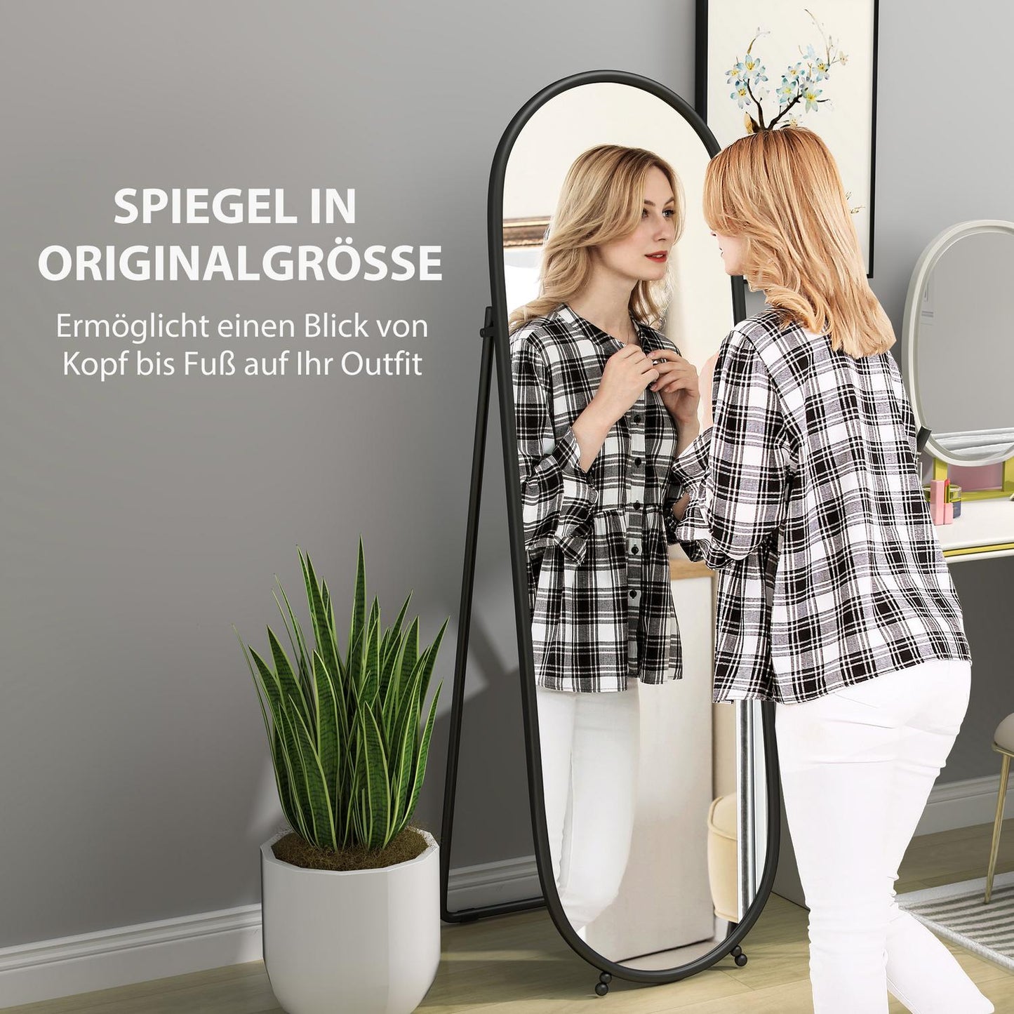 Oval full-length mirror with stand, metal frame 160x40 cm