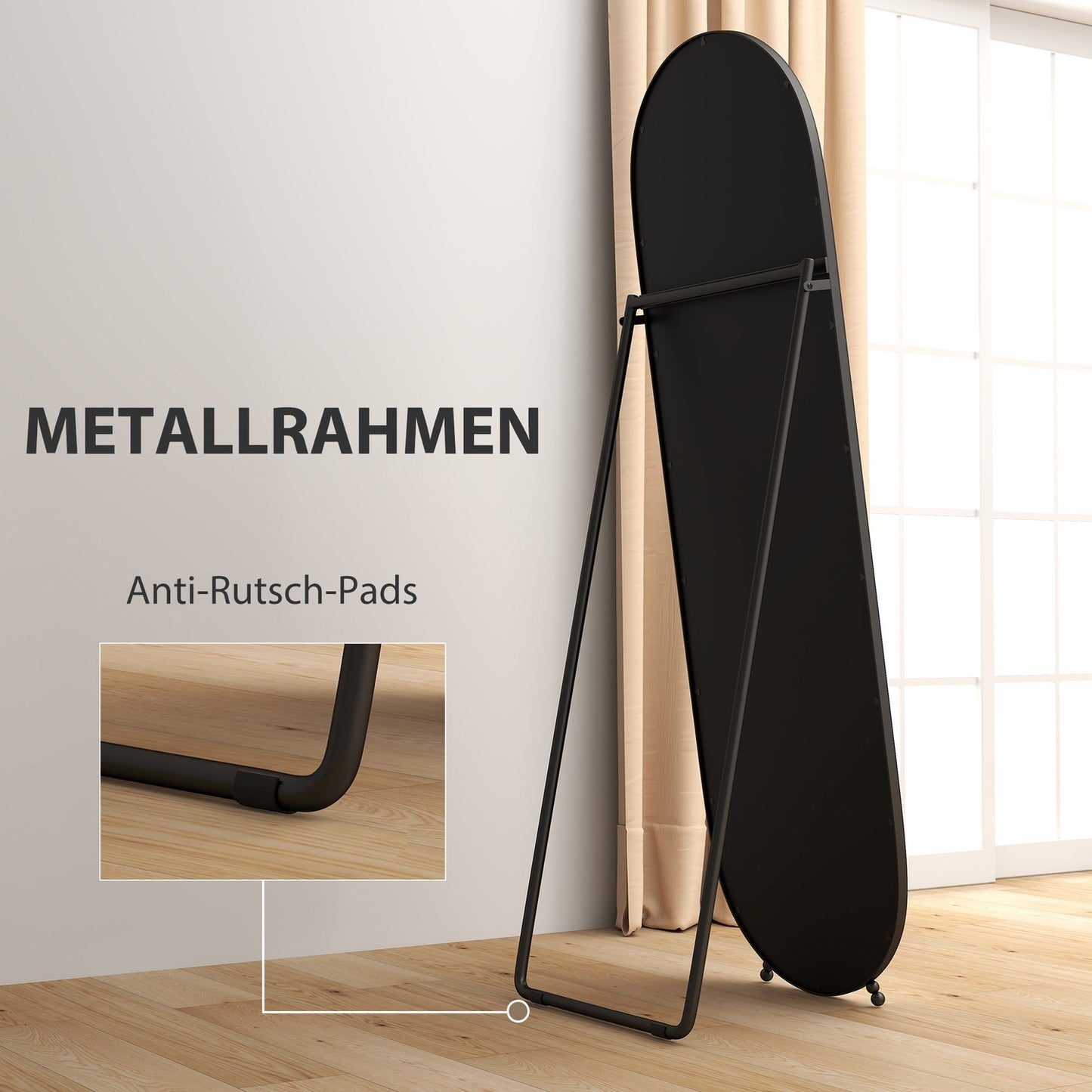 Oval full-length mirror with stand, metal frame 160x40 cm