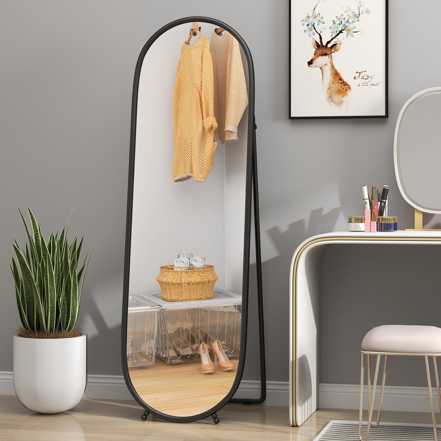 Oval full-length mirror with stand, metal frame 160x40 cm