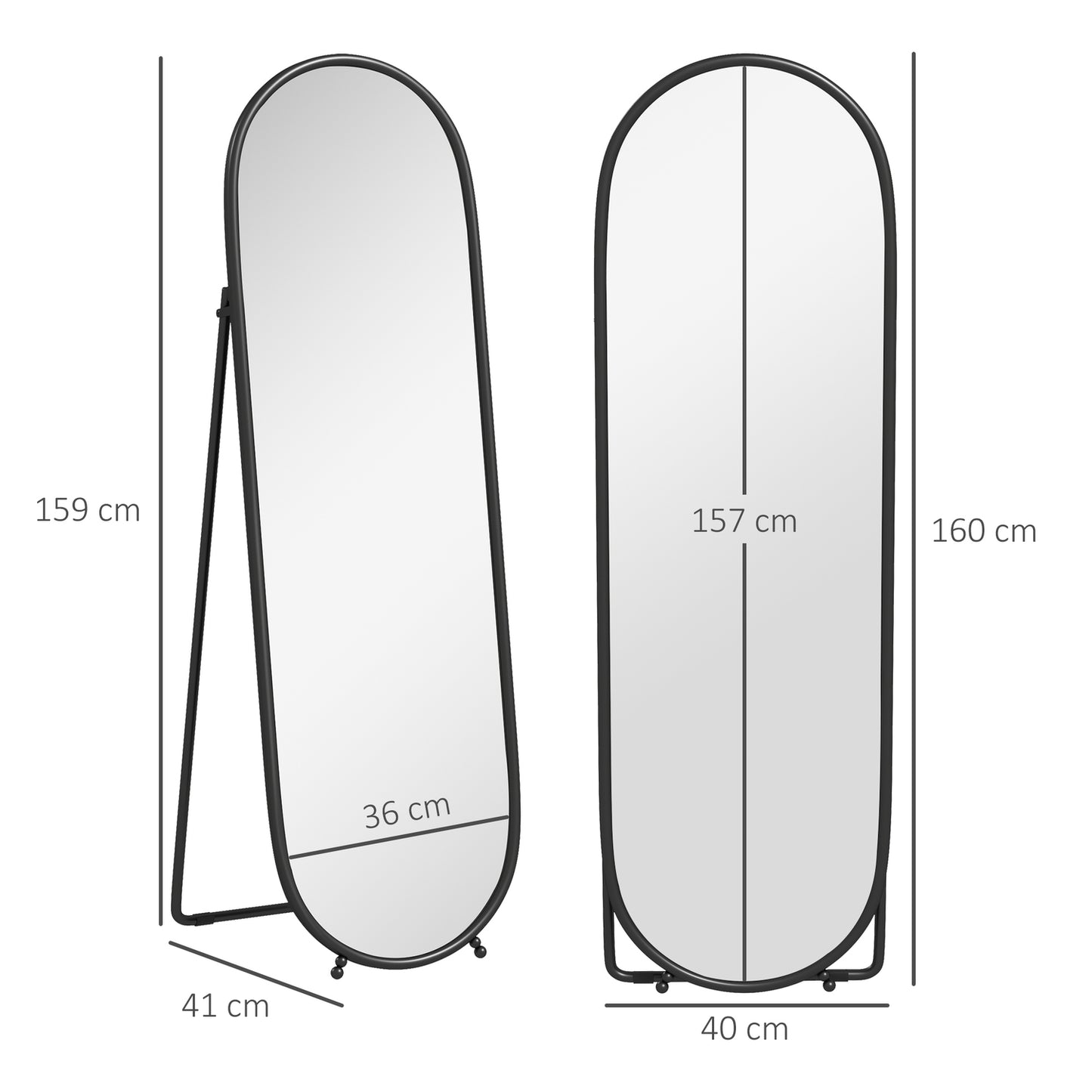 Oval full-length mirror with stand, metal frame 160x40 cm
