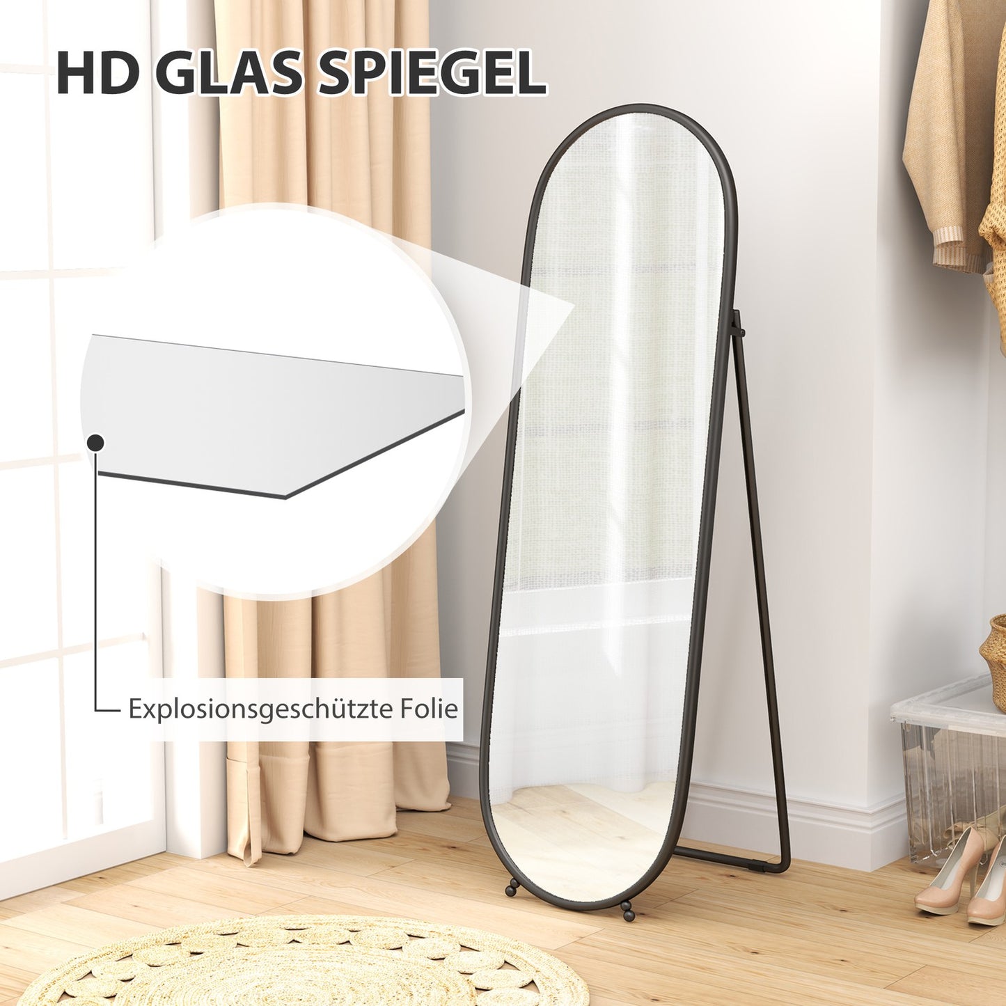 Oval full-length mirror with stand, metal frame 160x40 cm