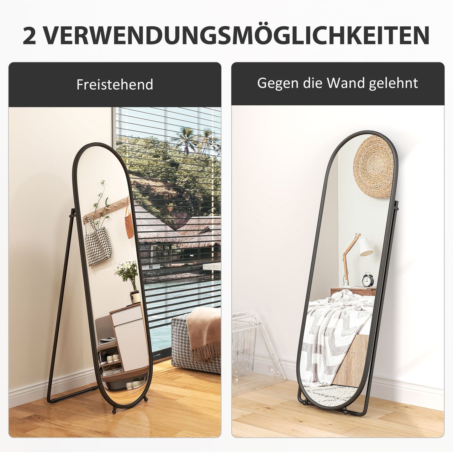 Oval full-length mirror with stand, metal frame 160x40 cm