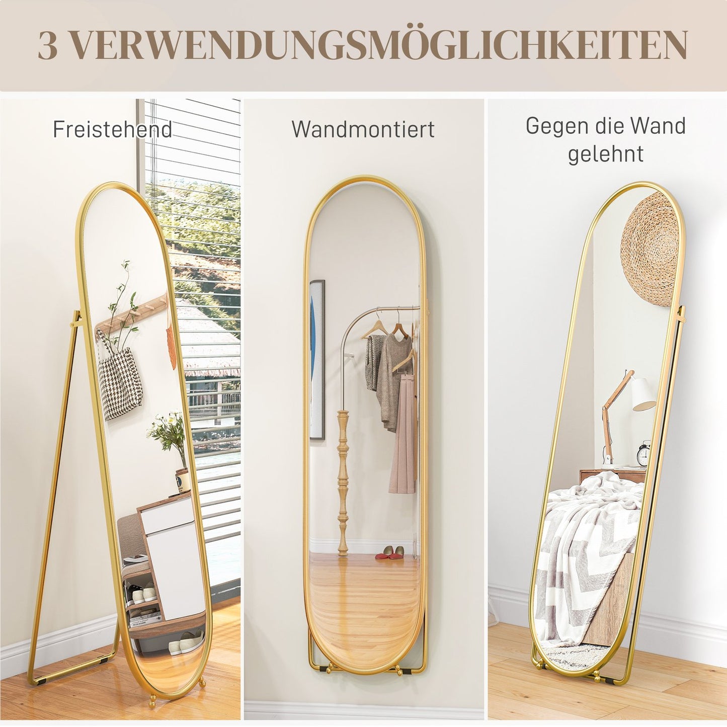 Oval full length mirror, 160x40cm gold metal frame with stand