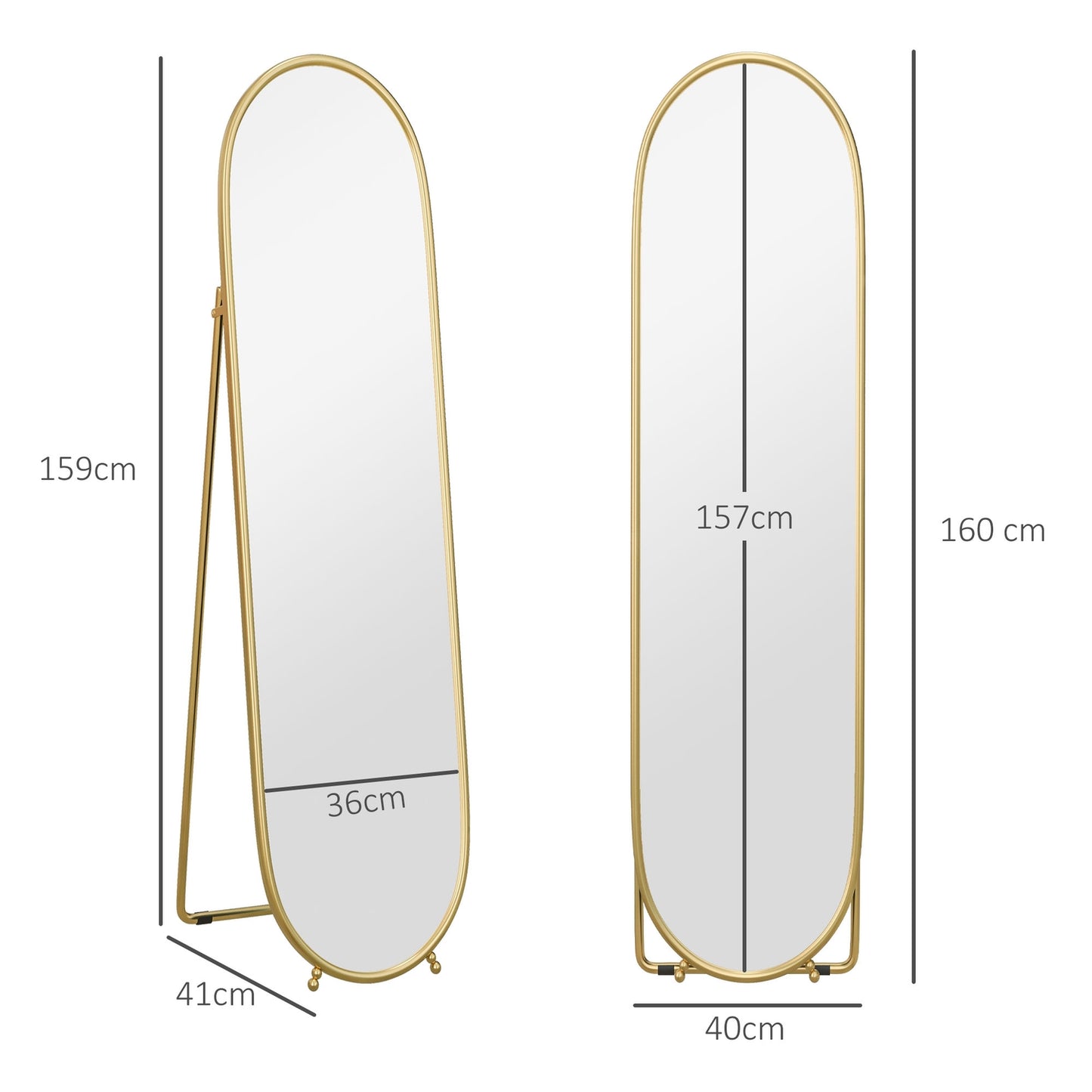 Oval full length mirror, 160x40cm gold metal frame with stand