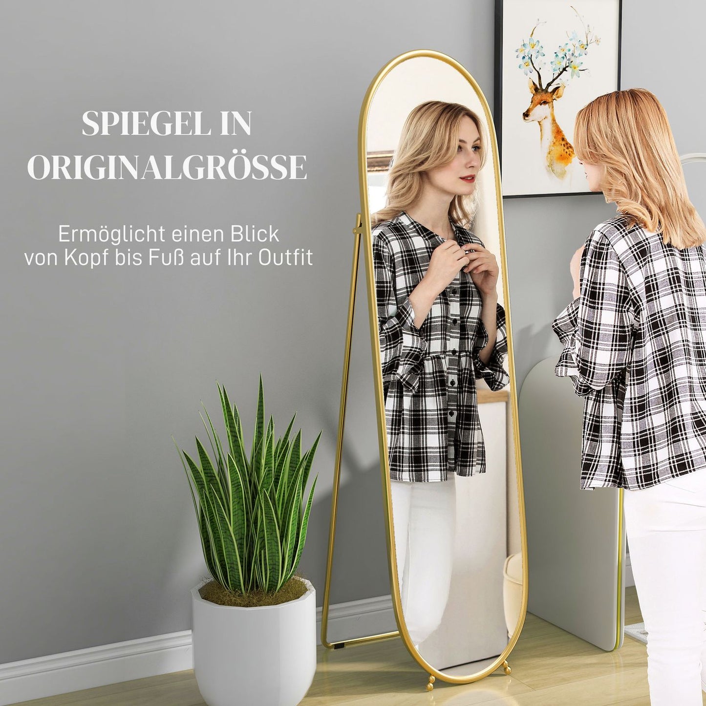 Oval full length mirror, 160x40cm gold metal frame with stand