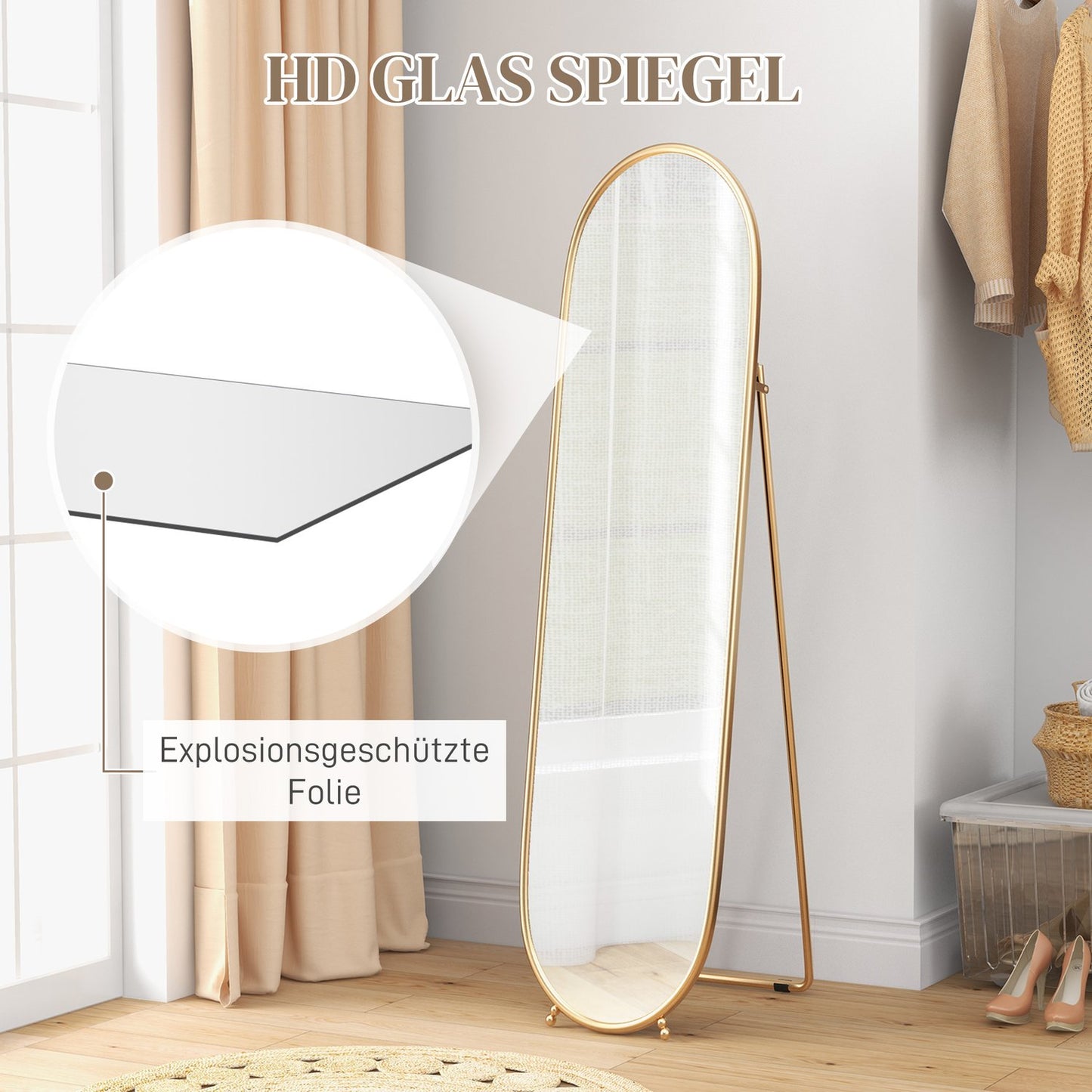Oval full length mirror, 160x40cm gold metal frame with stand