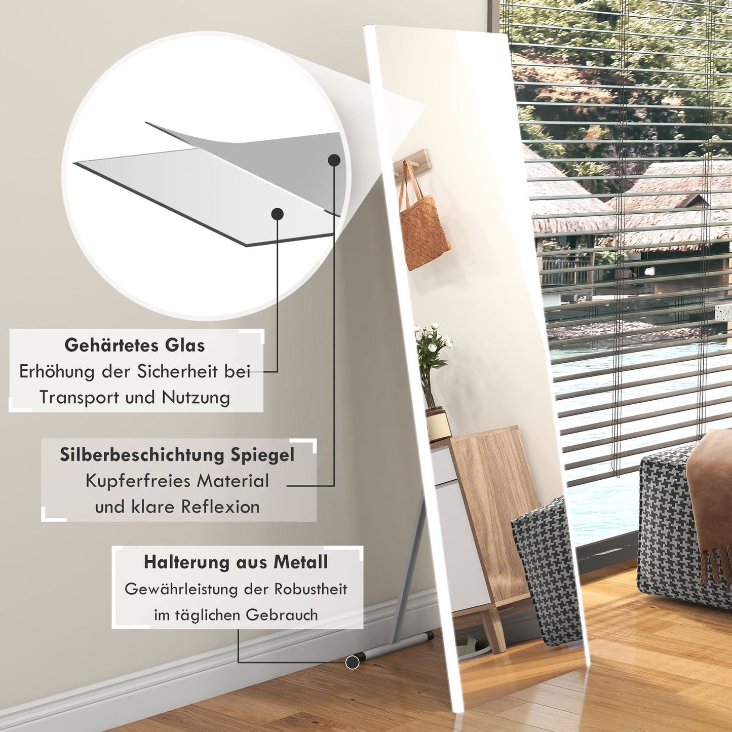 Full length white mirror with LED lights and touch switch