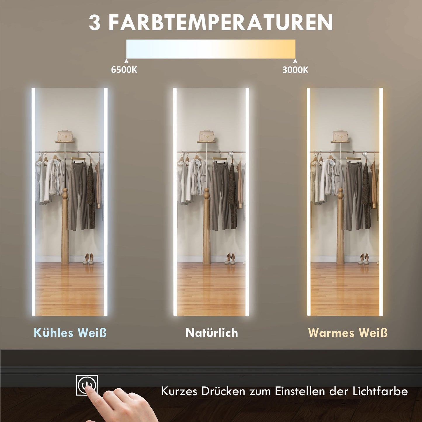 Full length white mirror with LED lights and touch switch