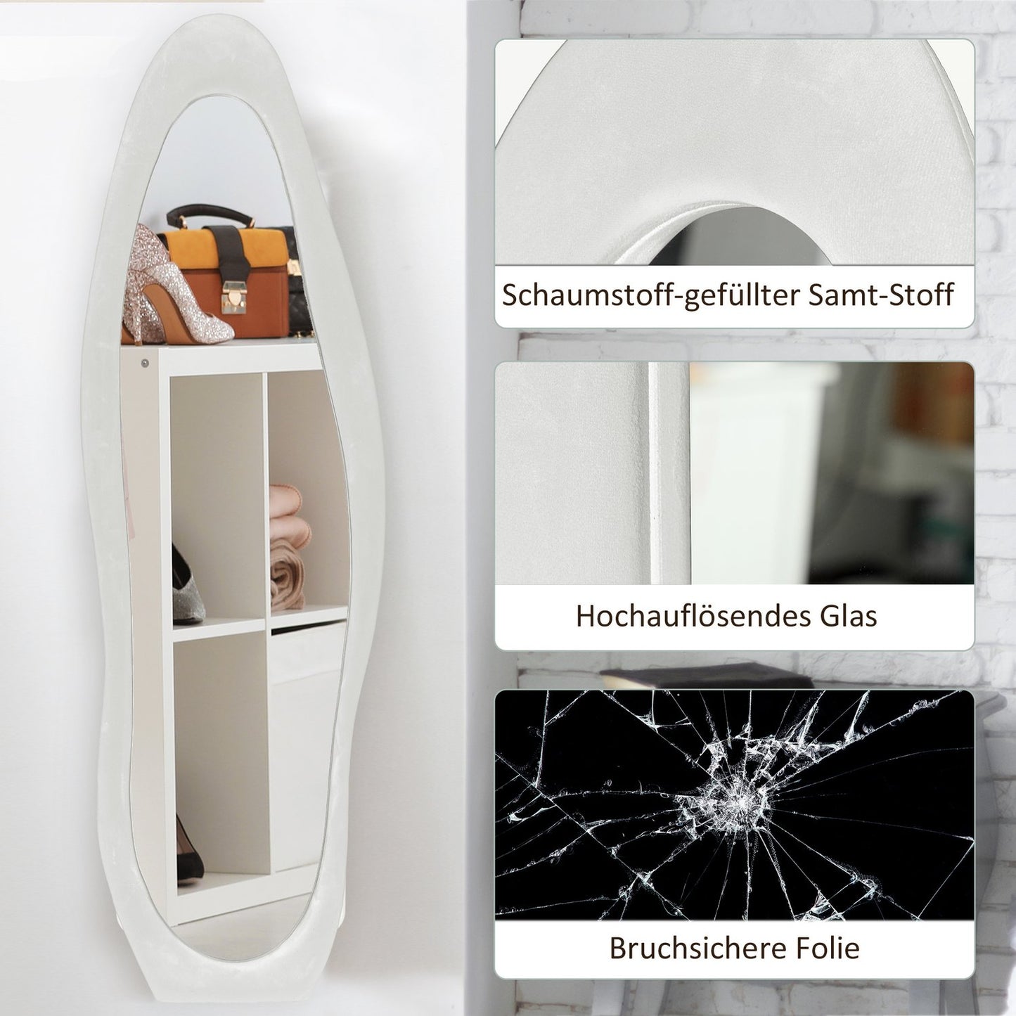 Standing full-length mirror, 50x160 cm, velvet frame, white