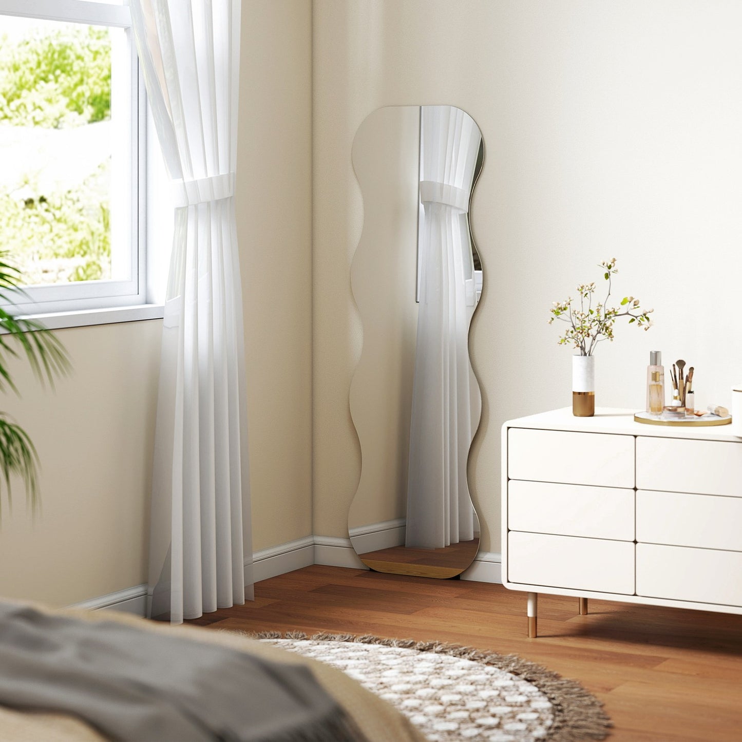 Full-Length Mirror, Frameless, Wood Base, Wave Shape, Black