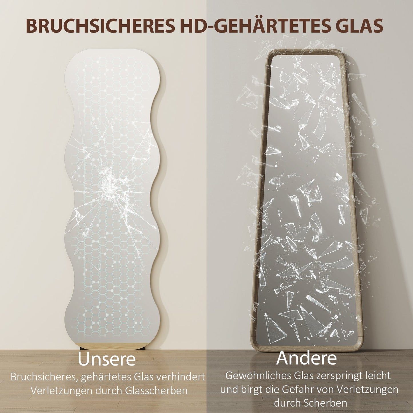 Full-Length Mirror, Frameless, Wood Base, Wave Shape, Black