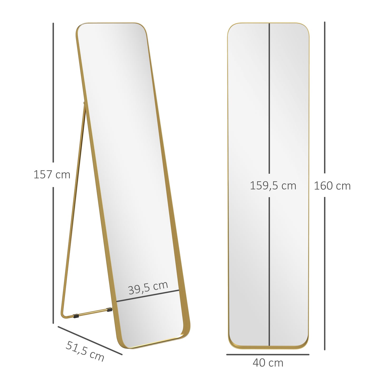 Full-Length Mirror, Freestanding Tilt, Gold Metal Frame, 160x40 cm