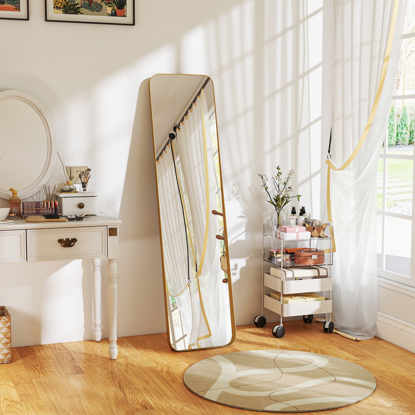 Full-Length Mirror, Freestanding Tilt, Gold Metal Frame, 160x40 cm