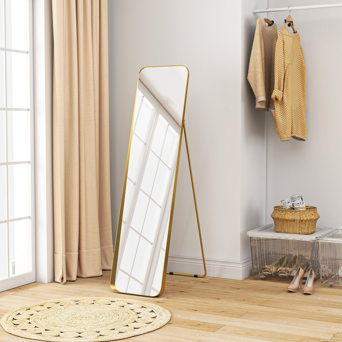 Full-Length Mirror, Freestanding Tilt, Gold Metal Frame, 160x40 cm