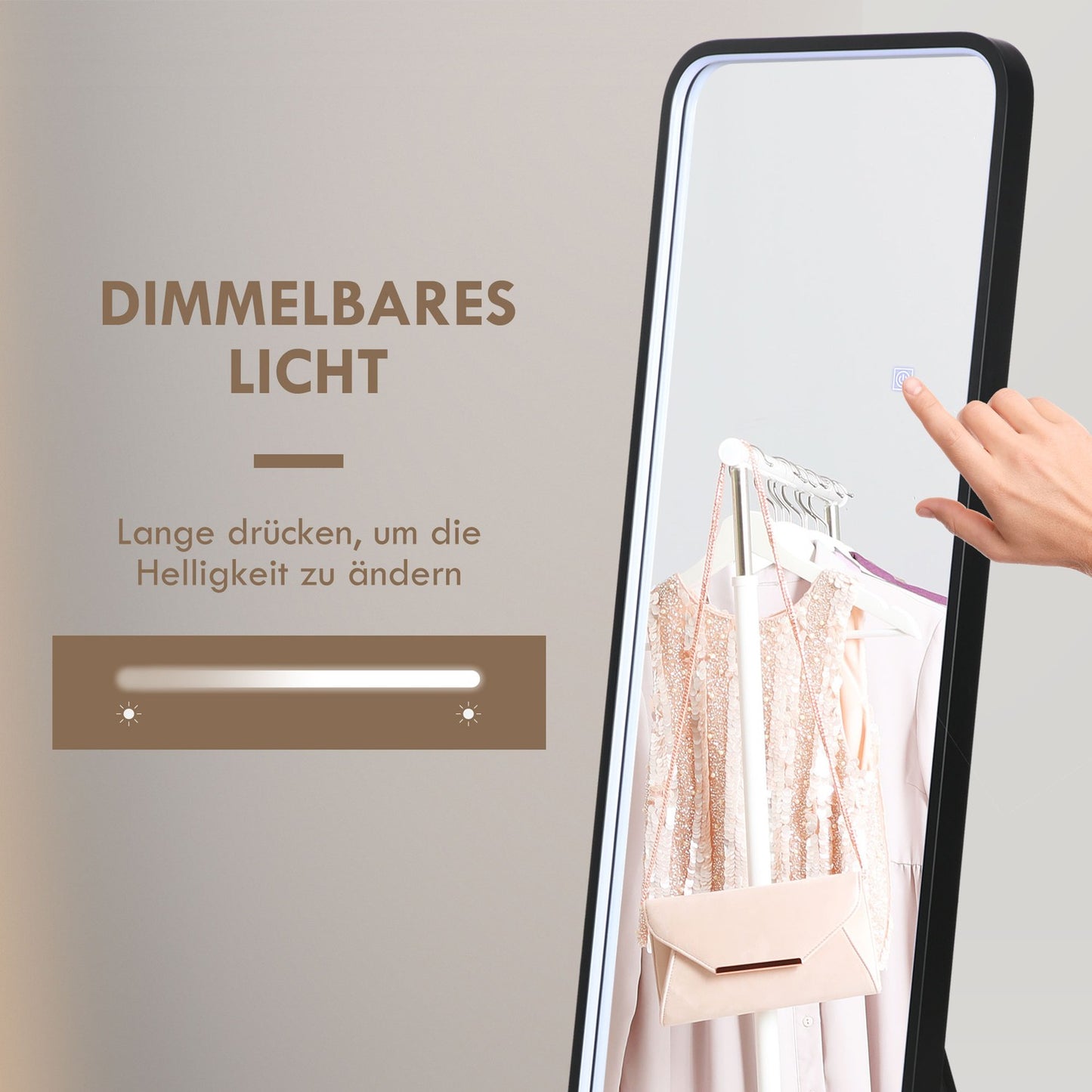 Dimmable full-length LED mirror, Touch Switch, Black, 46x146 Cm