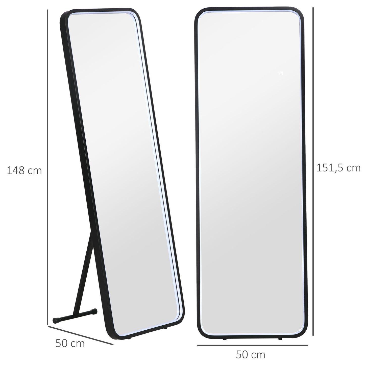 Dimmable full-length LED mirror, Touch Switch, Black, 46x146 Cm