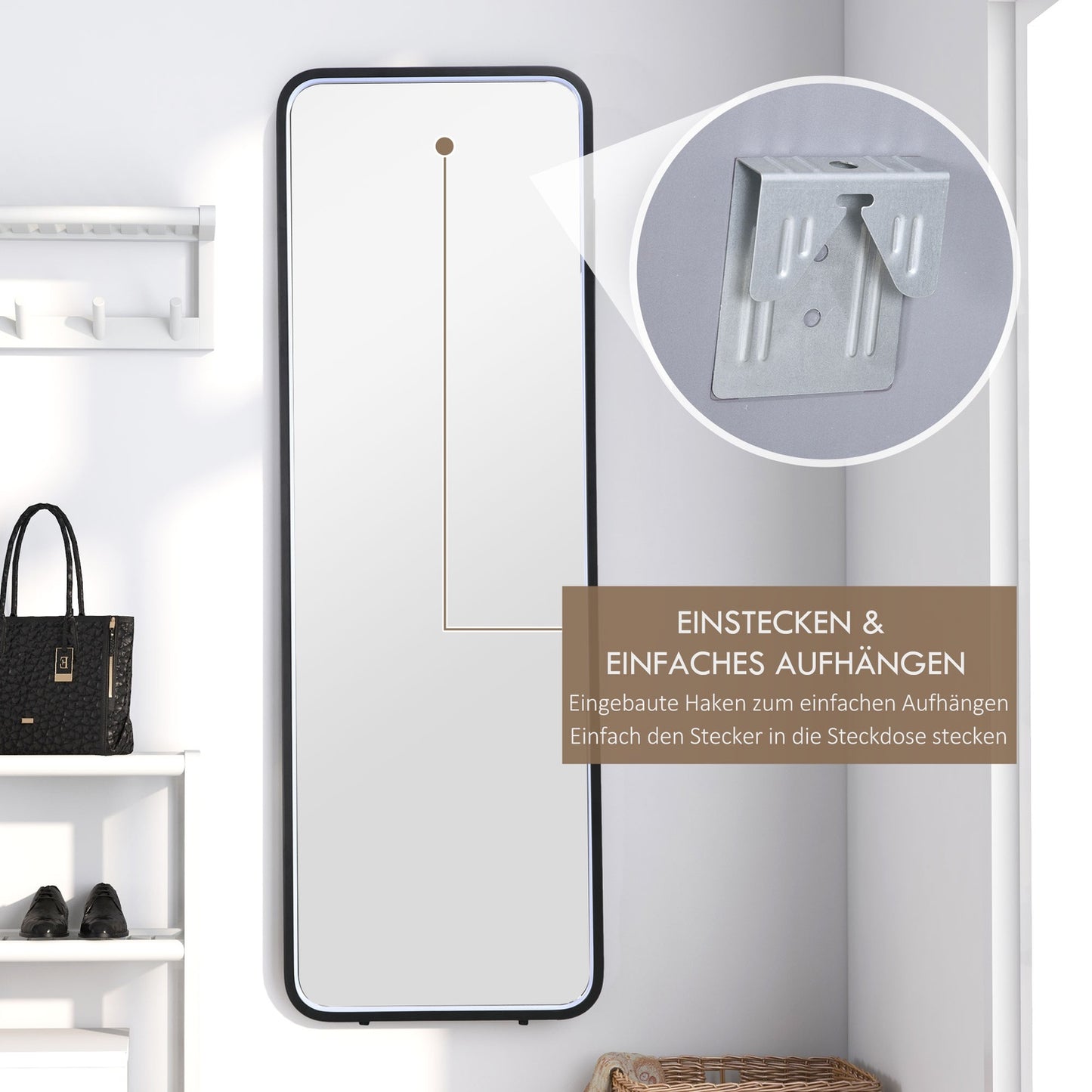 Dimmable full-length LED mirror, Touch Switch, Black, 46x146 Cm