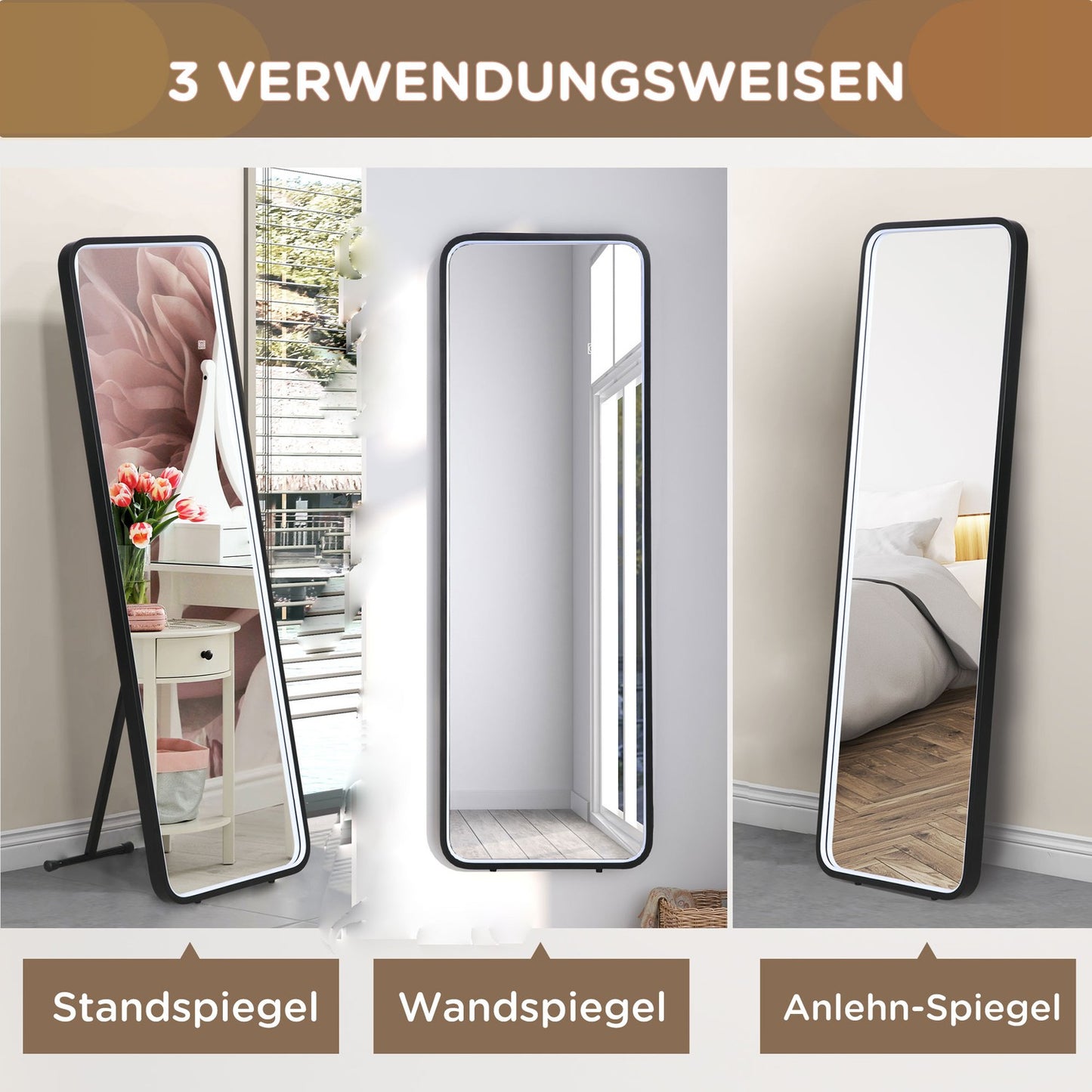 Dimmable full-length LED mirror, Touch Switch, Black, 46x146 Cm
