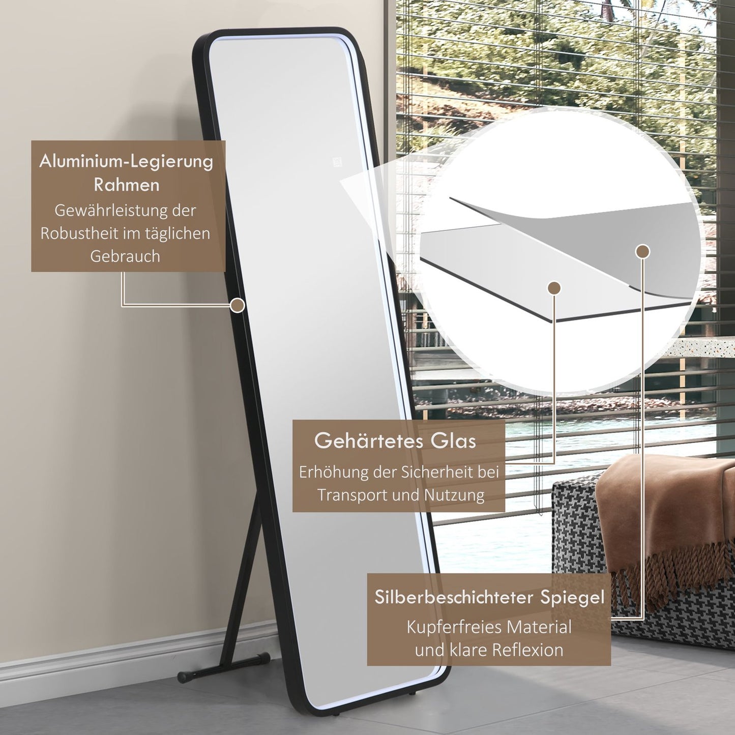 Dimmable full-length LED mirror, Touch Switch, Black, 46x146 Cm