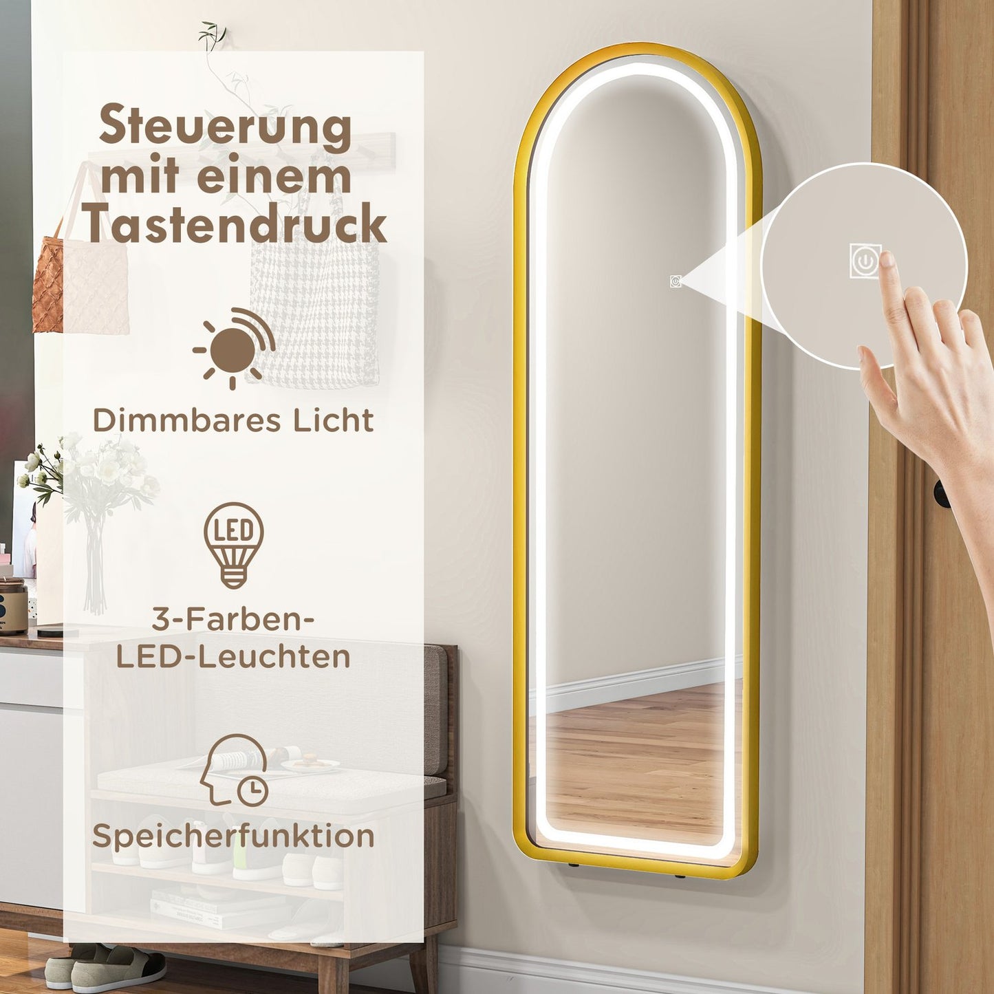 LED Full Length Mirror, Dimmable Wardrobe Mirror, Touch Switch, Gold