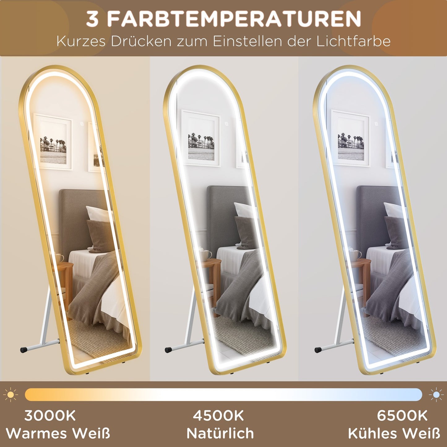 LED Full Length Mirror, Dimmable Wardrobe Mirror, Touch Switch, Gold
