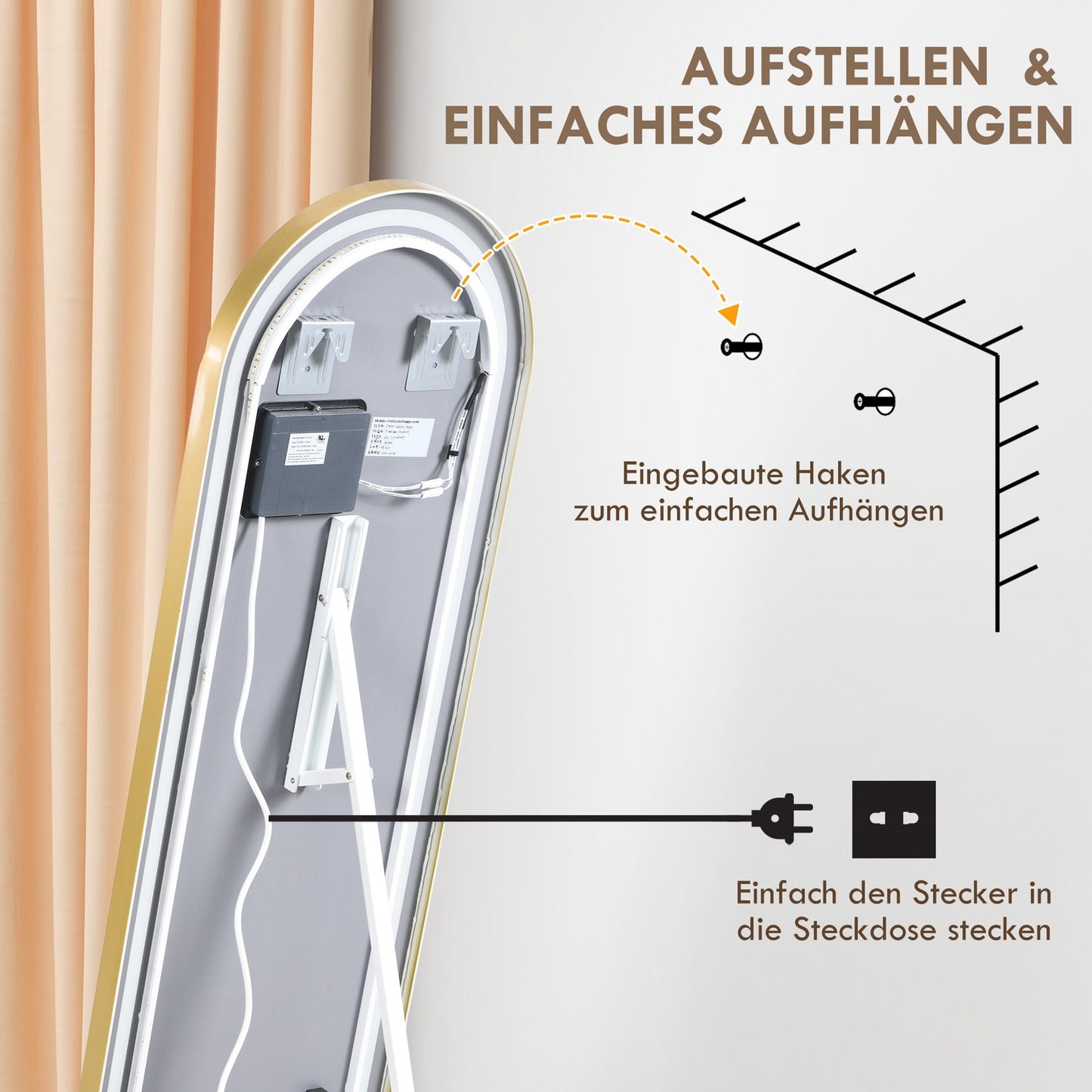 LED Full Length Mirror, Dimmable Wardrobe Mirror, Touch Switch, Gold
