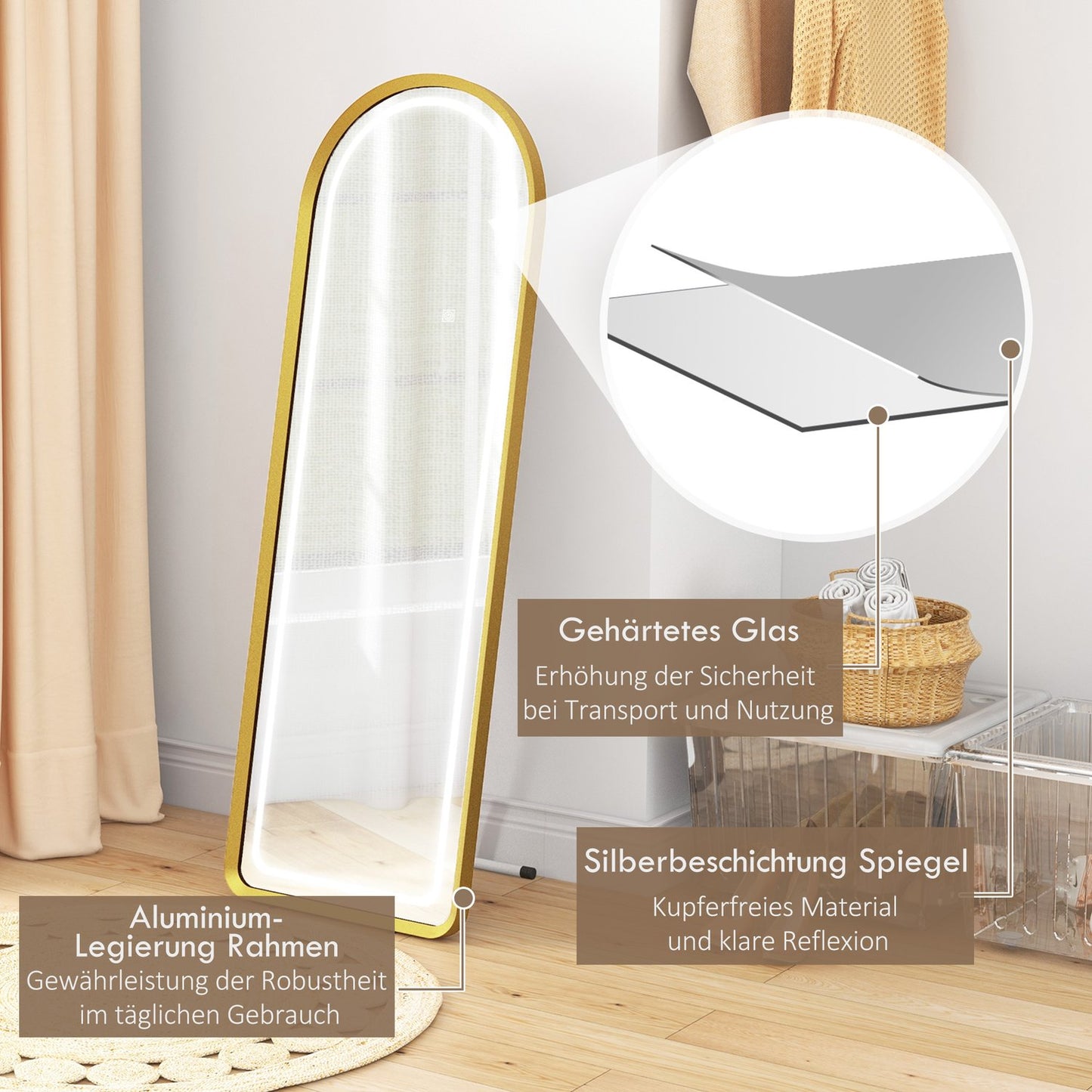 LED Full Length Mirror, Dimmable Wardrobe Mirror, Touch Switch, Gold
